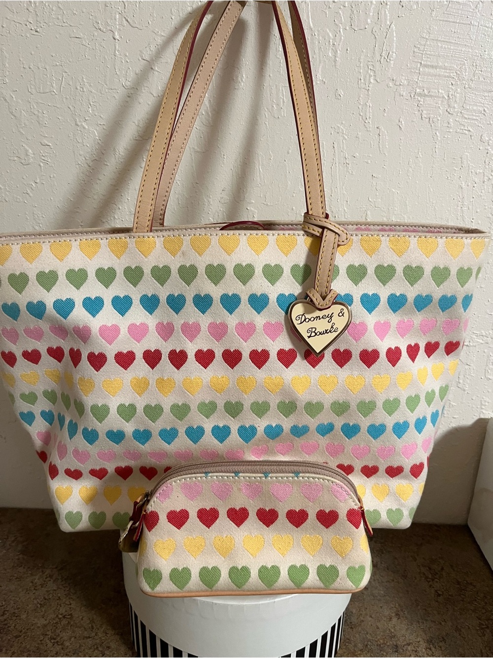 Dooney & Bourke Multicolor Heart Canvas Tote with Beige Trim and Matching Pouch